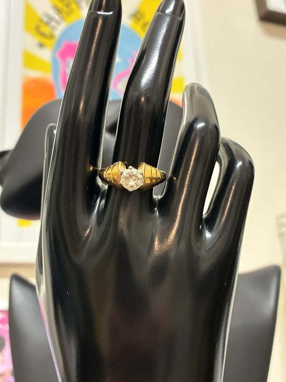 Lind 14K HGE Cocktail Ring Solitaire CZ Gold Ribbed